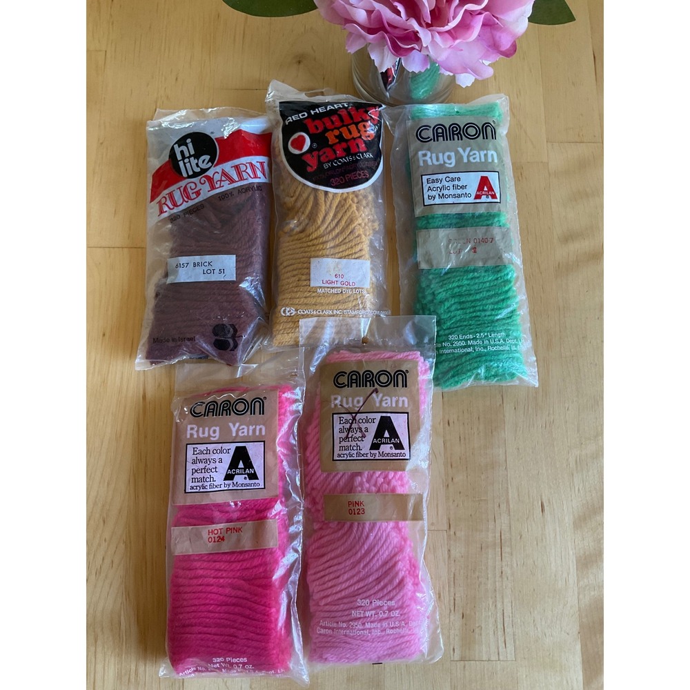 Vintage Caron Red Heart Hi Lite Rug Yarn Lot Pre-Cut Latch Hook Acrylic 5 Packs